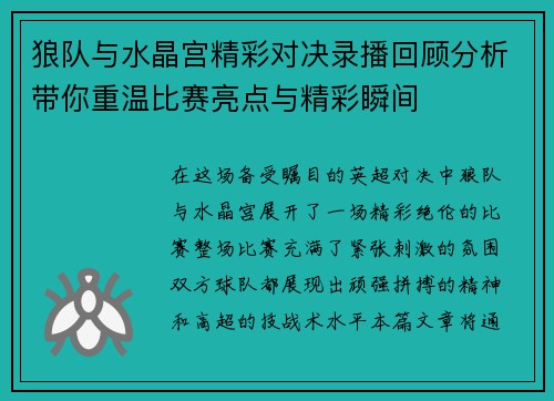 狼队与水晶宫精彩对决录播回顾分析带你重温比赛亮点与精彩瞬间